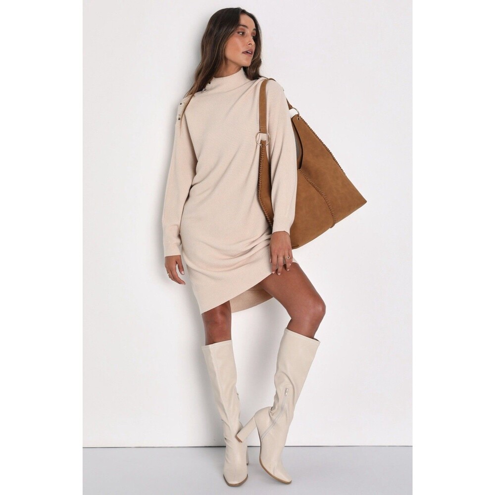 Lulus Cozy Stroll Sweater Dress Women's M Beige Mock Neck Button Mini NWT